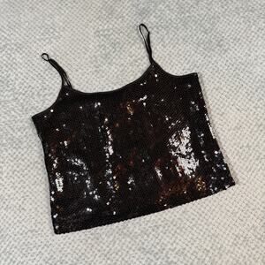 vintage black sequin sparkly semi-crop tank top carole little L 100% silk